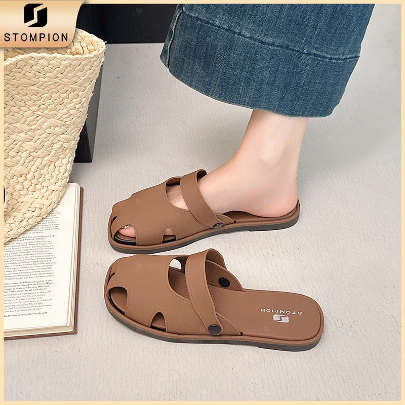STOMPION Giày sandal đế bệt nữ phong cách Pháp cổ điển thanh lịch mix váy đầm đều đẹp Vừa đi vừa xỏ