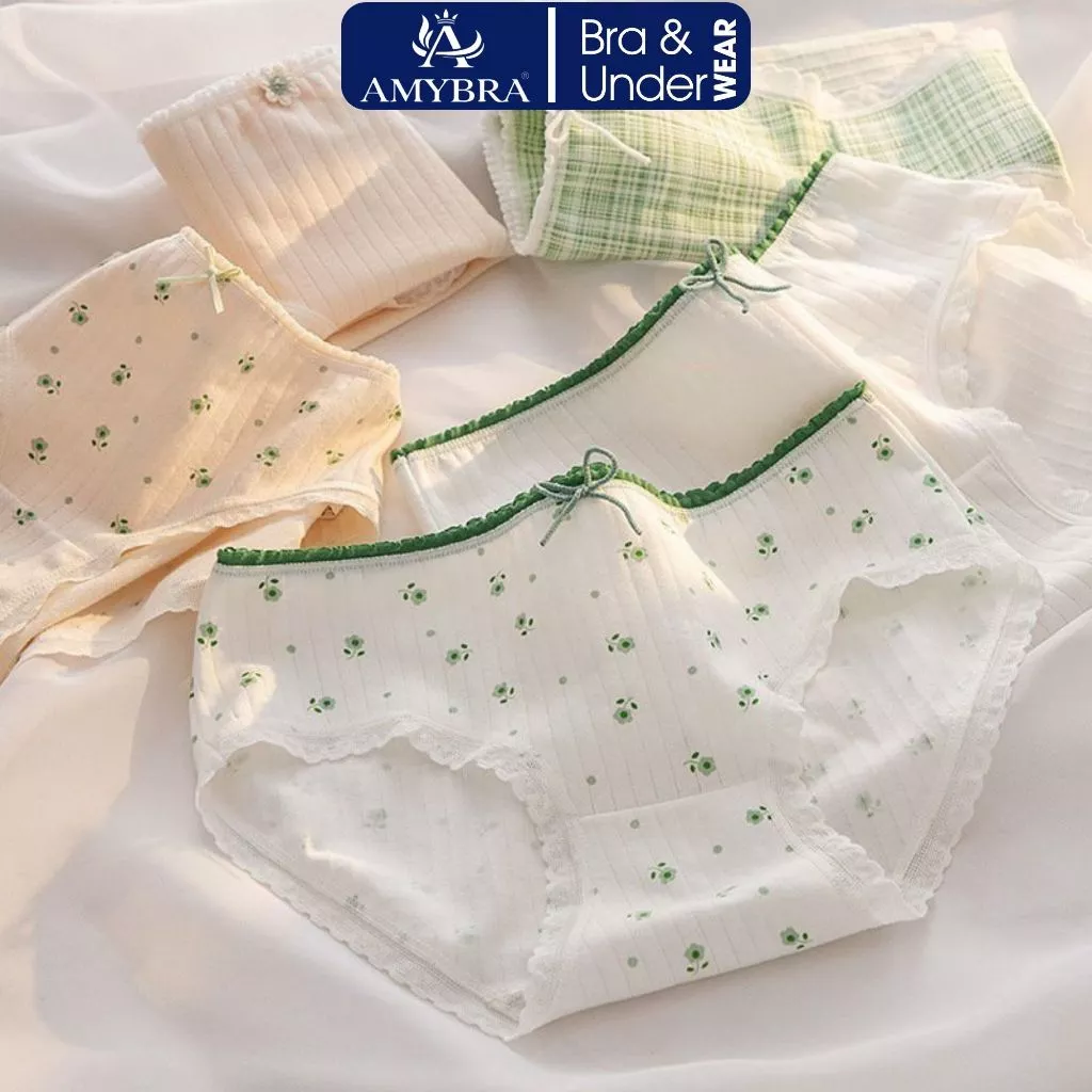 Combo 5 Quần Lót Nữ Cotton Đính Nơ, Quần Chip Nữ Phối Họa Tiết Dễ Thương AMYBRA L311