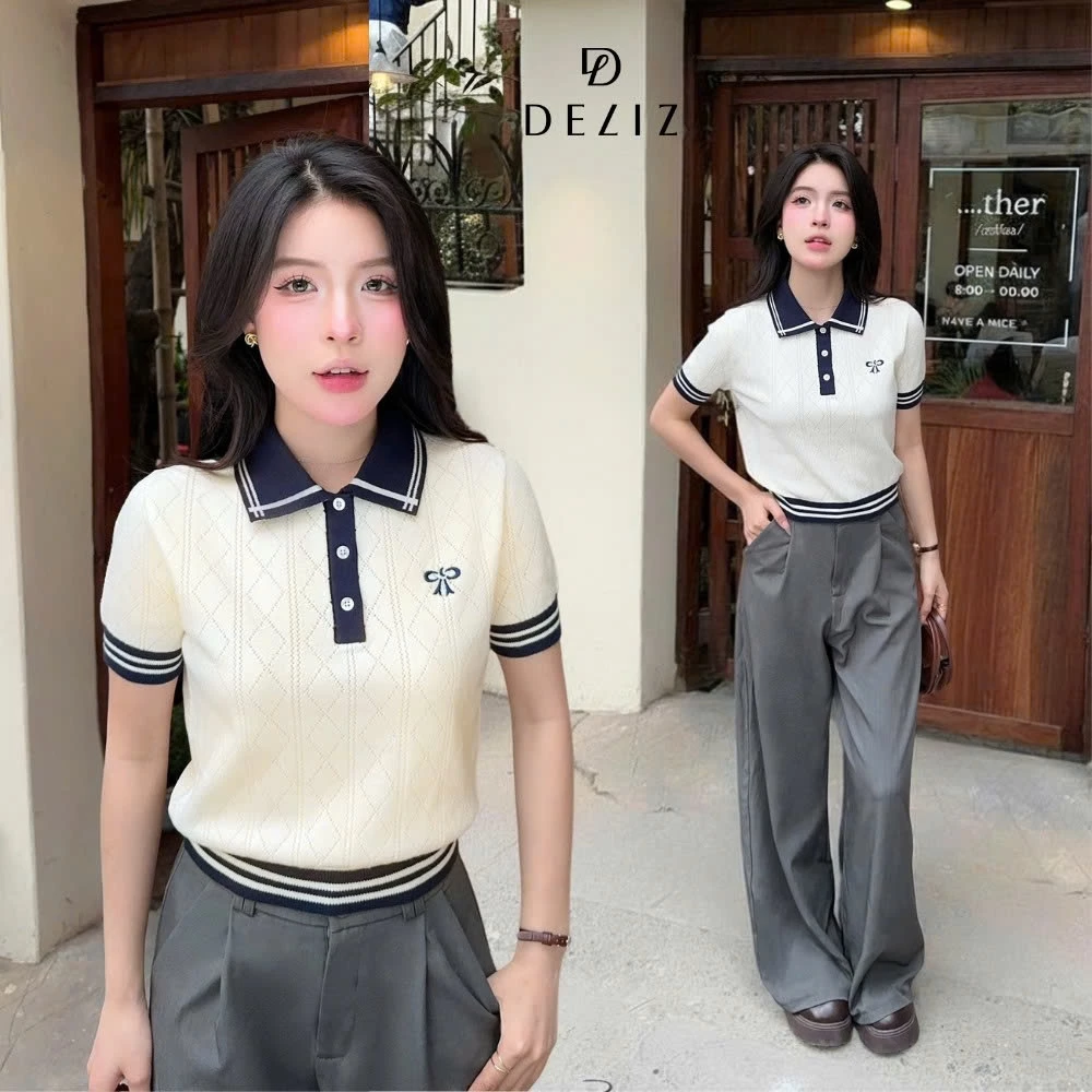 Áo len ngắn tay cho nữ mùa hè dệt kim quả trám thêu nơ tiểu thư len lông thỏ DELIZ PL22 300G