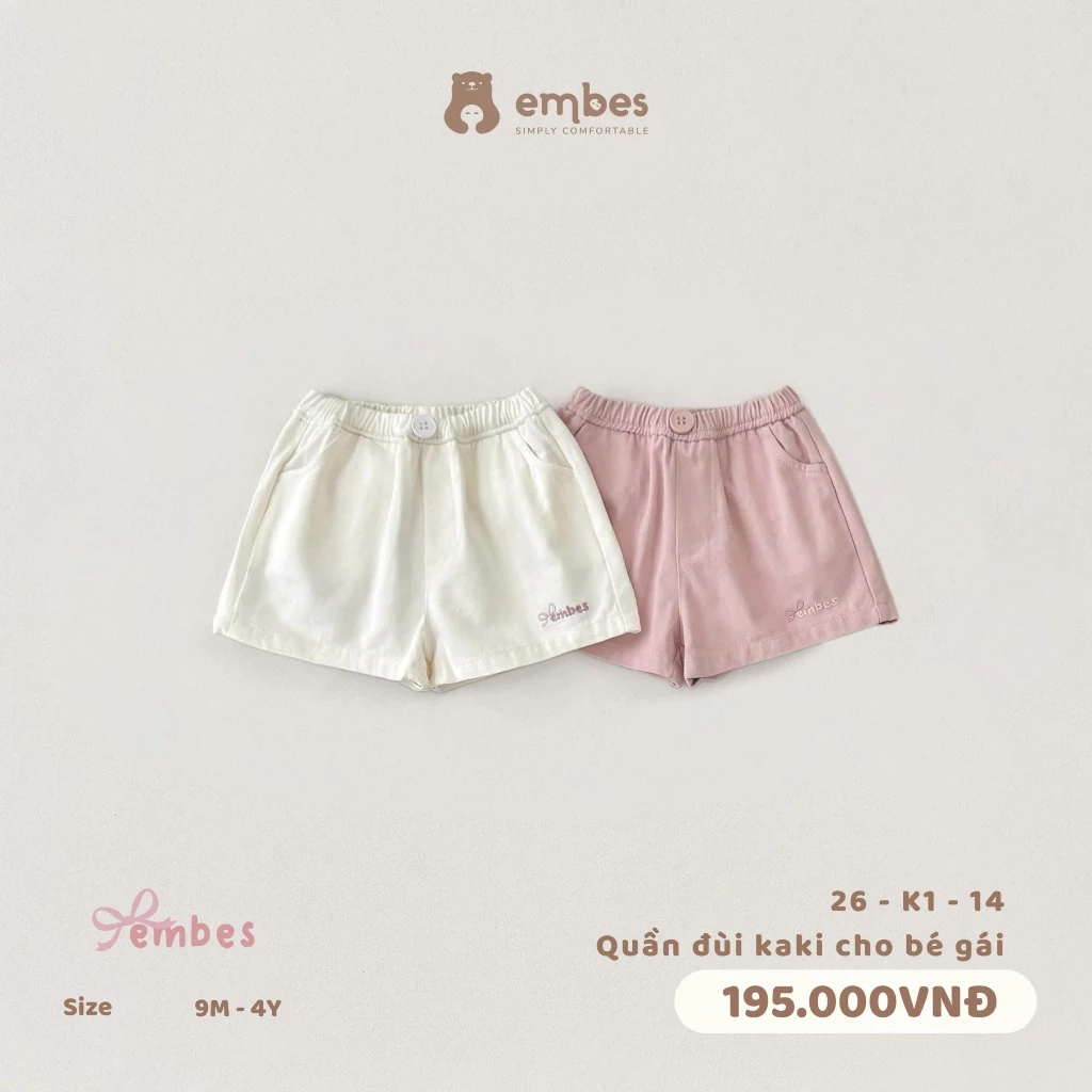 Quần Đùi Cho Bé Gái Embes, Quần Short Kaki Thêu Họa Tiết Chất Kaki Mềm Mát Cho Bé Gái Size Từ 8-18Kg