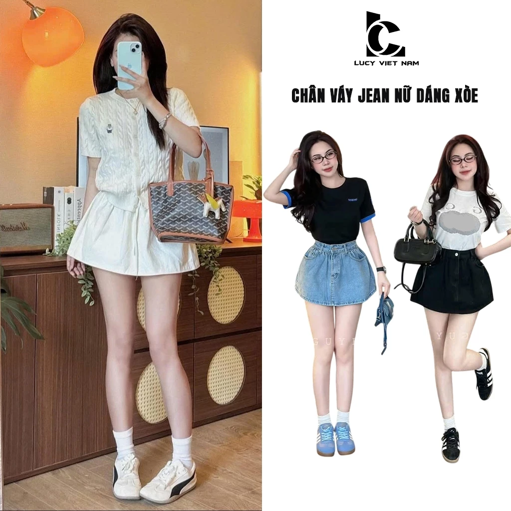 Chân Váy Jean Nữ Dáng Xòe Phồng AVO AVOCADO Soft Denim Skirt Ulzzang 4 Màu Xanh Kem Đỏ Đen Basic