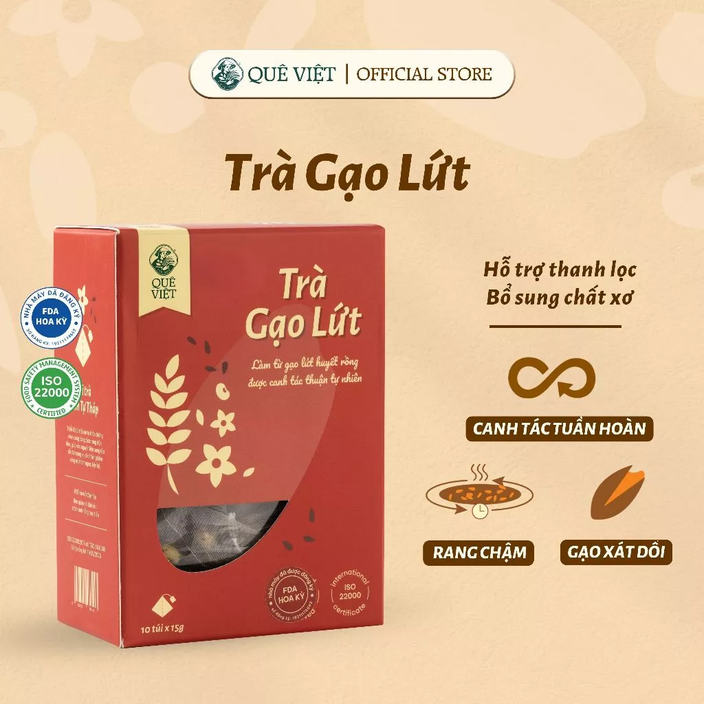 Trà gạo lứt Quê Việt thanh lọc gan, giải độc cơ thể nguyên liệu tự nhiên an toàn lành tính Hộp [150g, 10 túi 15g]