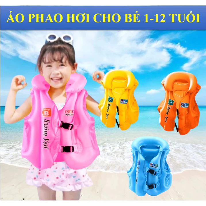 Sỉ áo phao bơi trẻ em 1-12 tuổi, áo phao bơm hơi cho bé có khóa an toàn, phao bơi cho bé