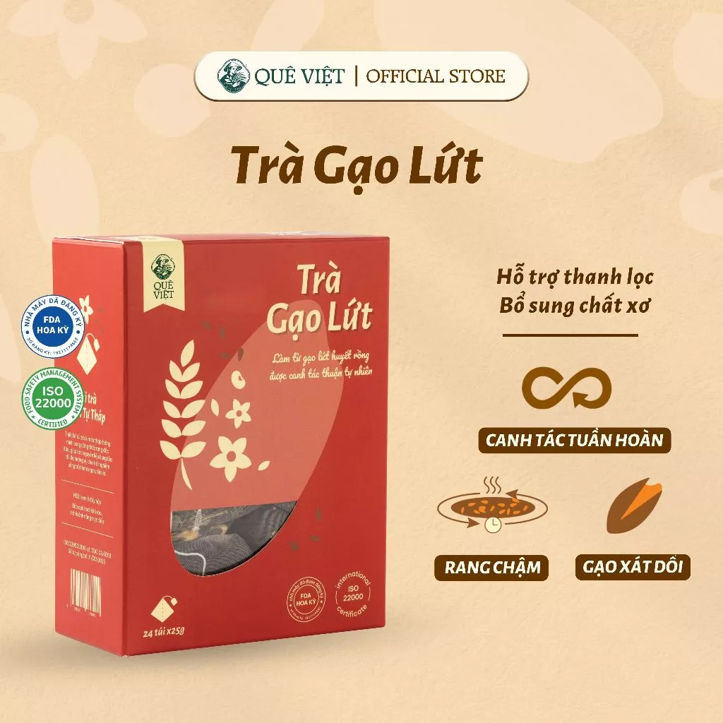 Trà gạo lứt Quê Việt thanh lọc gan, giải độc cơ thể, nguyên liệu tự nhiên - Hộp 150g (10 túi x 15g), 450g (30 túi x 15g)