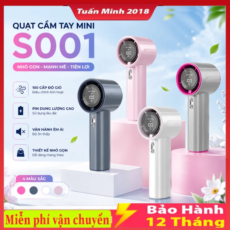 Quạt cầm tay mini tích điện S001 / M2 / M1 gió mạnh 16000 vòng/phút có dây đeo 4000mAh, màn hình LED hiển thị