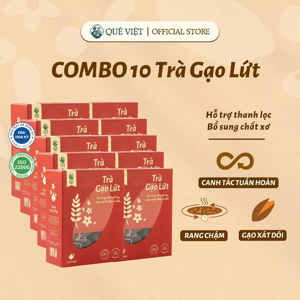 Combo 10 hộp Trà gạo lứt Quê Việt 450g (30 túi x 15g), giúp thanh nhiệt cơ thể, nguyên liệu tự nhiên an toàn