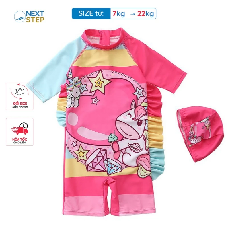 Đồ bơi bé gái liền thân họa tiết ngựa Kỳ lân size từ 9kg đến 22kg