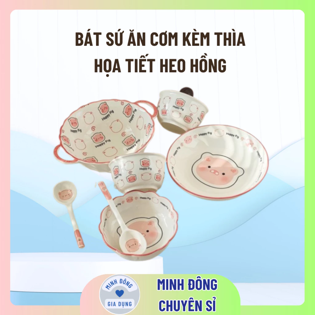 Bát sứ ăn cơm kèm thìa họa tiết Heo Hồng Đáng yêu Cho Bé