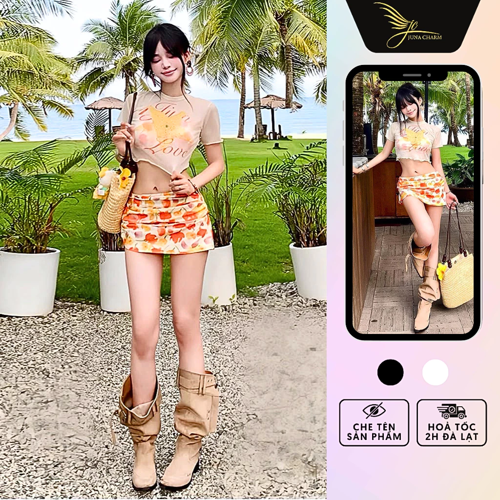 Bikini 4 Món Họa Tiết JUNA Freesize Thời Trang Đồ Bơi, Đồ Đi Biển Dành Cho Nữ, Chất Vải Thun Polyester Phối Voan/SP789A