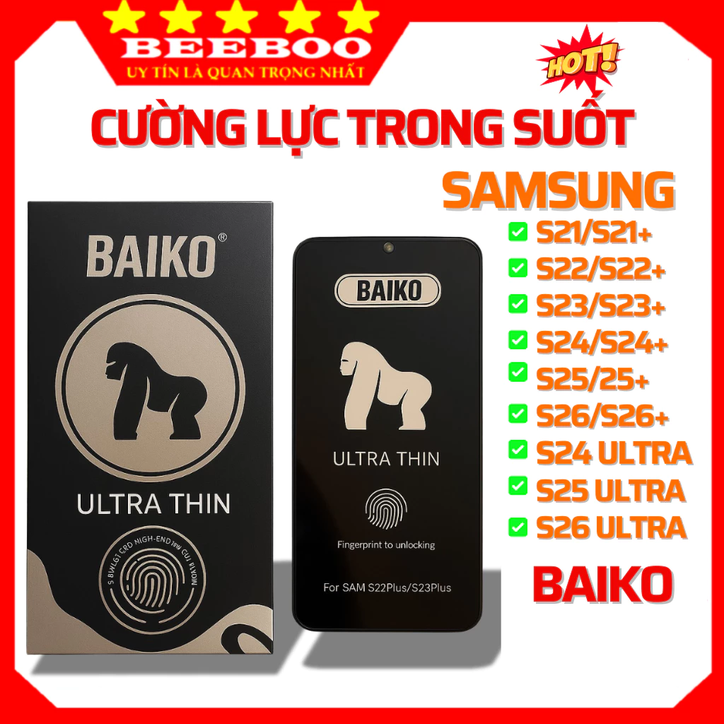 Kính Cường Lực Samsung S26 Ultra S25 S24 Ultra S26 S25 S24 S23 S22 S21 Plus + - Trong Suốt - Full Màn Baiko [HD]