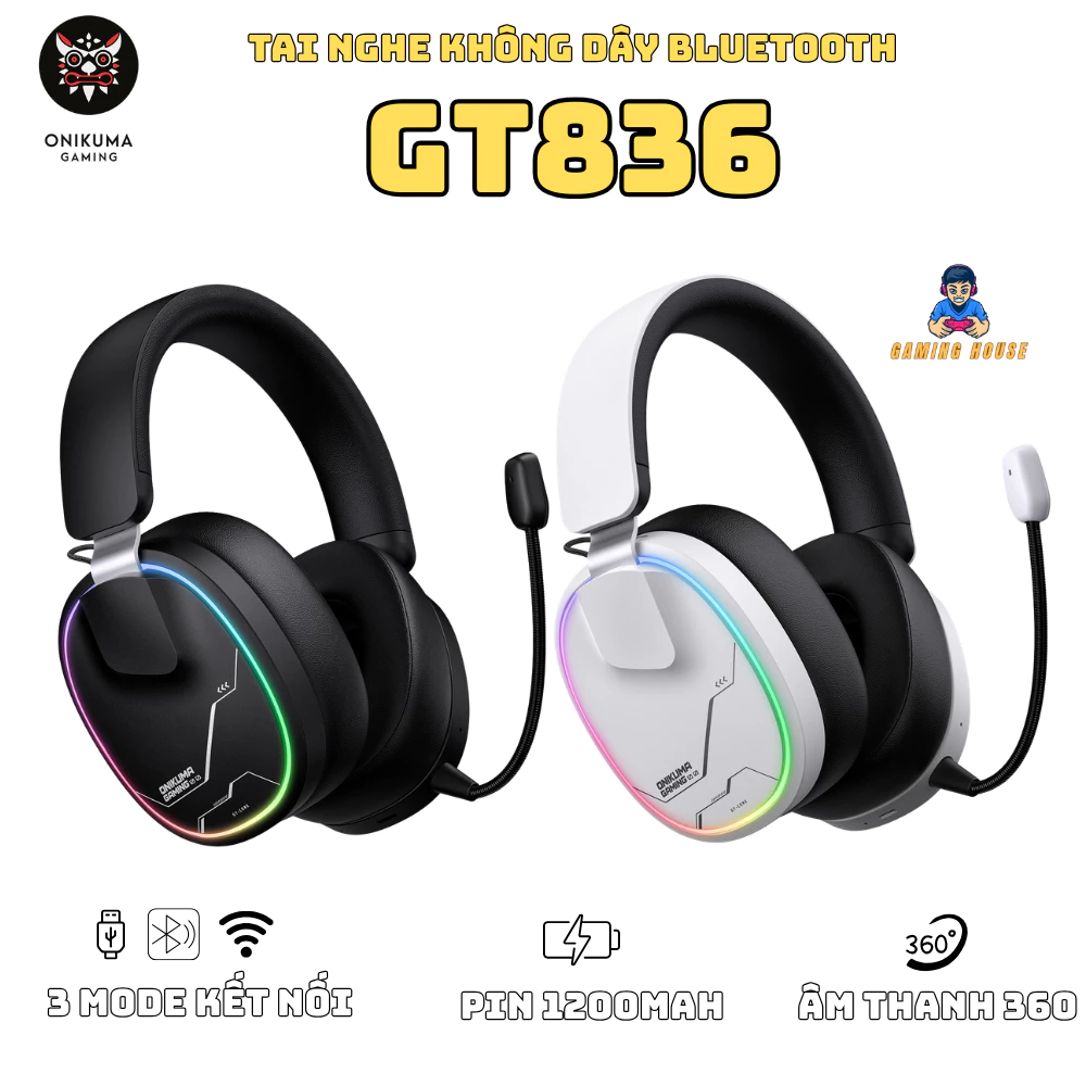 Tai nghe Gaming không dây Onikuma GT836 - 3 Mode - Pin 1200mah - Mic đàm thoại - Âm thanh 360 Turnn sẵn
