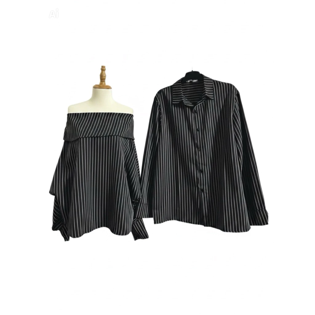 (S - 42)[ GIÁ CẶP ] Set đồ đôi nam nữ couple áo trễ vai kẻ xanh tay bồng dáng dấu quần siêu xinh và áo sơmi nam dài tay