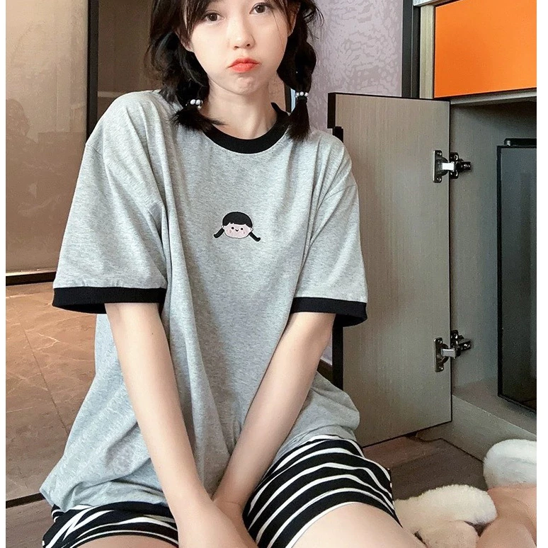 [RẺ VÔ ĐỊCH] Sét bộ thun nữ mặc nhà, quần đùi thun lạnh kẻ , Đồ bộ mặc nhà mùa hè áo cotton màu xám, quần kẻ sọc ks7