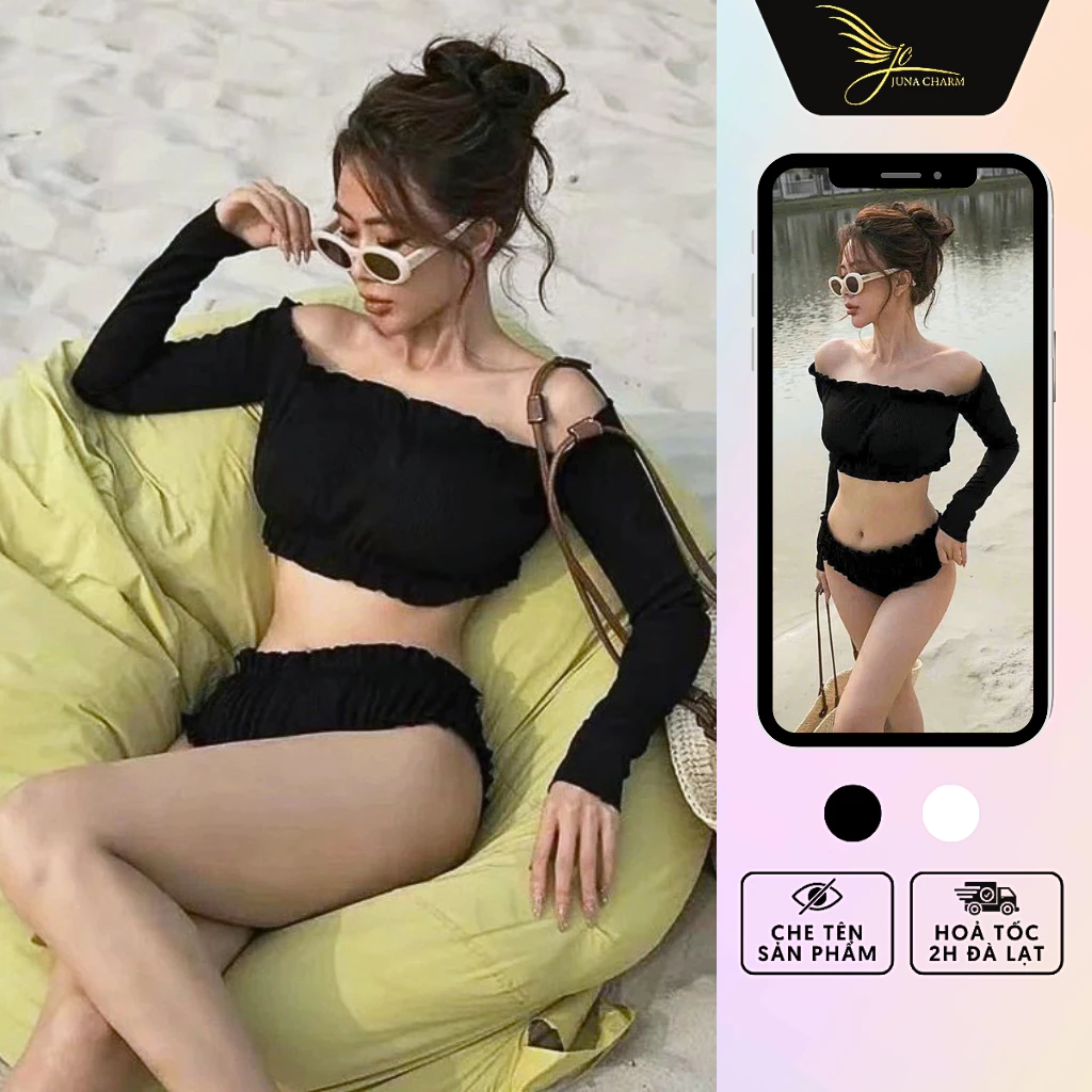 Bikini 2 Mảnh Dài Tay Chất Vải Thun Tăm JUNA Freesize Thời Trang Đồ Bơi, Đồ Đi Biển Dành Cho Nữ Cao Cấp, Màu Đen/SP478A