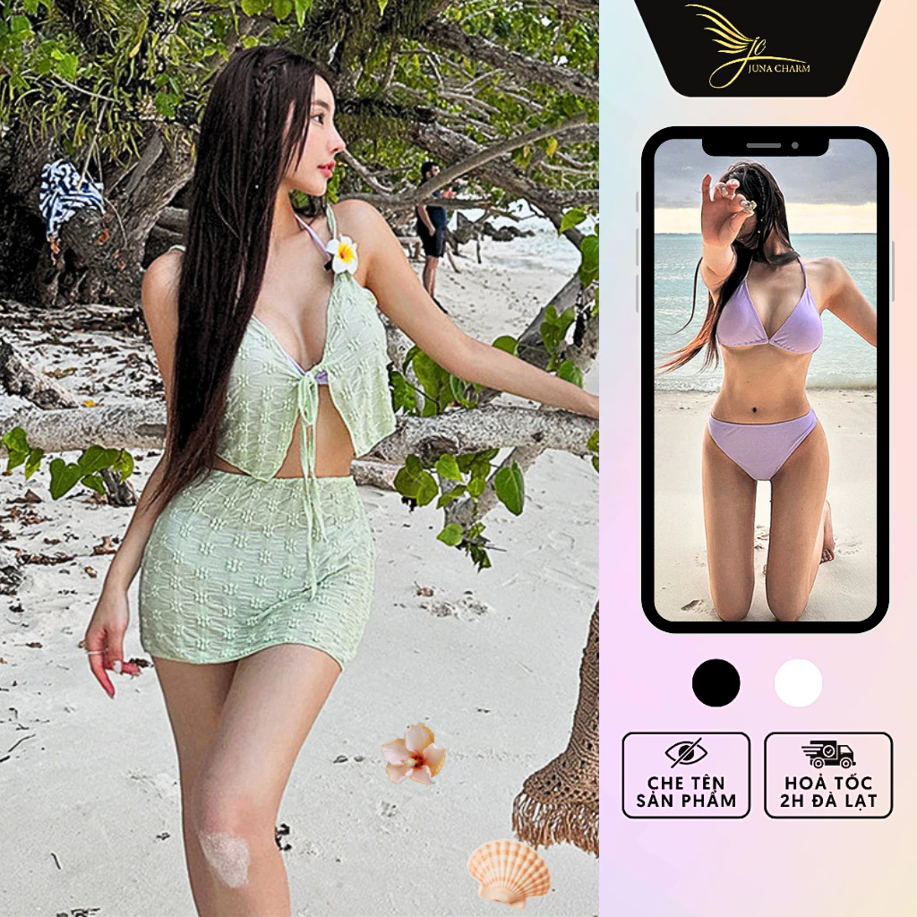 Bikini 4 Món Màu Xanh Lá Phối Tím Xinh Xắn JUNA Freesize Thời Trang Đồ Bơi, Đồ Đi Biển Dành Cho Nữ, Chất Vải Thun/SP477A