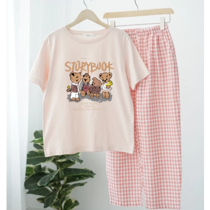 [RẺ VÔ ĐỊCH] Sét bộ nữ Quần dài kẻ Caro Áo thun Cotton ngắn tay in hình, Đồ bộ mặc nhà, sét đồ mặc tết