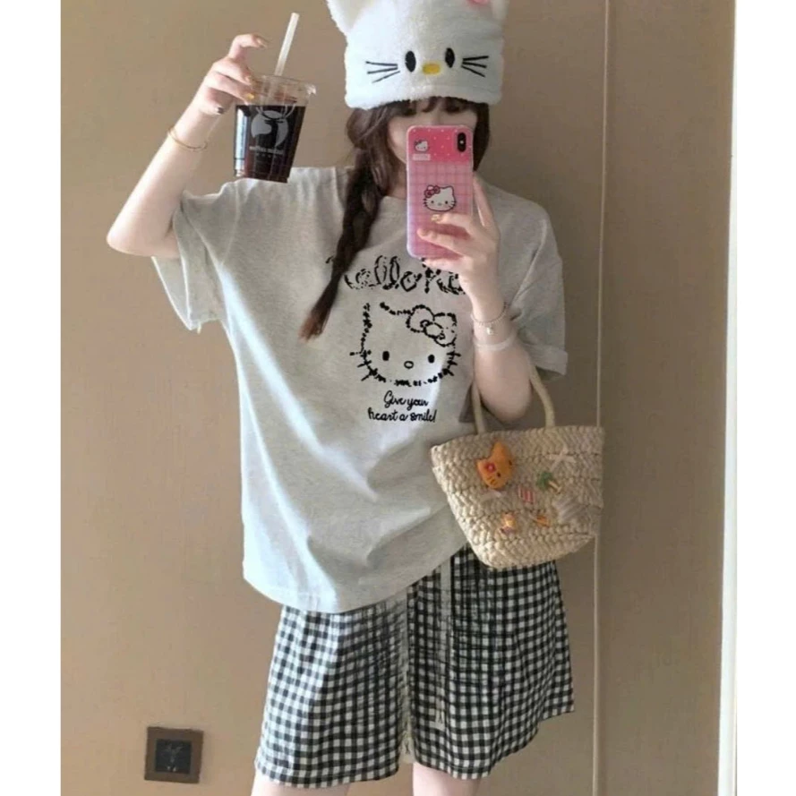 [RẺ VÔ ĐỊCH] Sét đồ mặc nhà tay ngắn in hình trẻ trung , sét bộ áo thun chất cotton dày dặn mát, quần Kate lụa kẻ caro