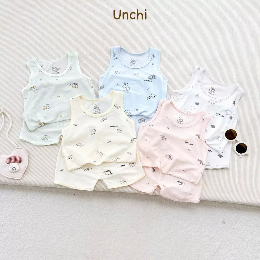 Bộ ba lỗ sát nách unchi thông hơi sợi tre hoạ tiết mềm mát mặc hè cho bé