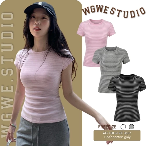 WGWE Studio Áo Thun Baby Tee Nữ Kẻ Sọc Ngang Form Ôm Croptop Tay Ngắn – Áo Thun Nữ Y2K Hàn Quốc 9257