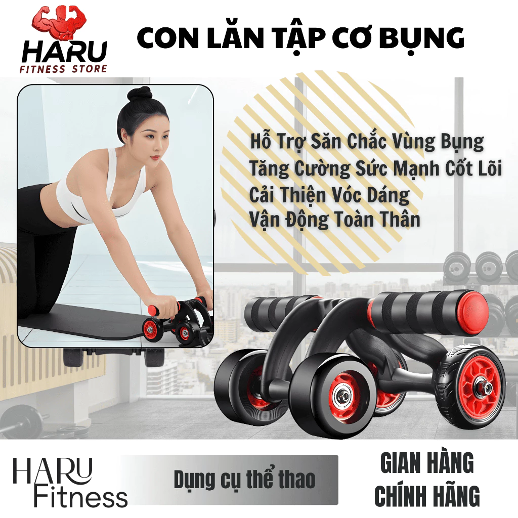 Con Lăn Tập Bụng HARU HR18 - Con Lăn 4 Bánh Chịu Lực 100kg Tập Cơ Bụng Gym Tại Nhà