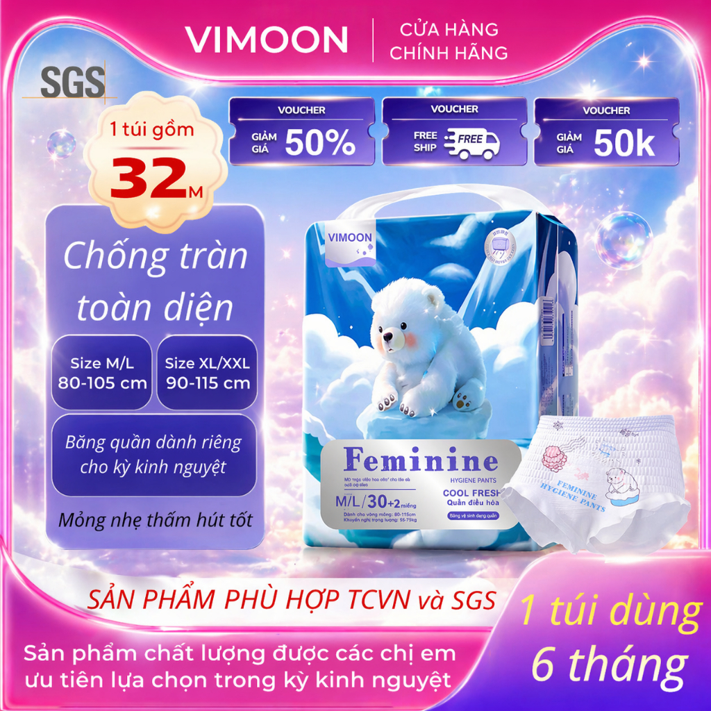 Băng Vệ Sinh Dạng Quần VIMOON Mẫu Mới chống tràn, thấm hút tốt dùng được cả…