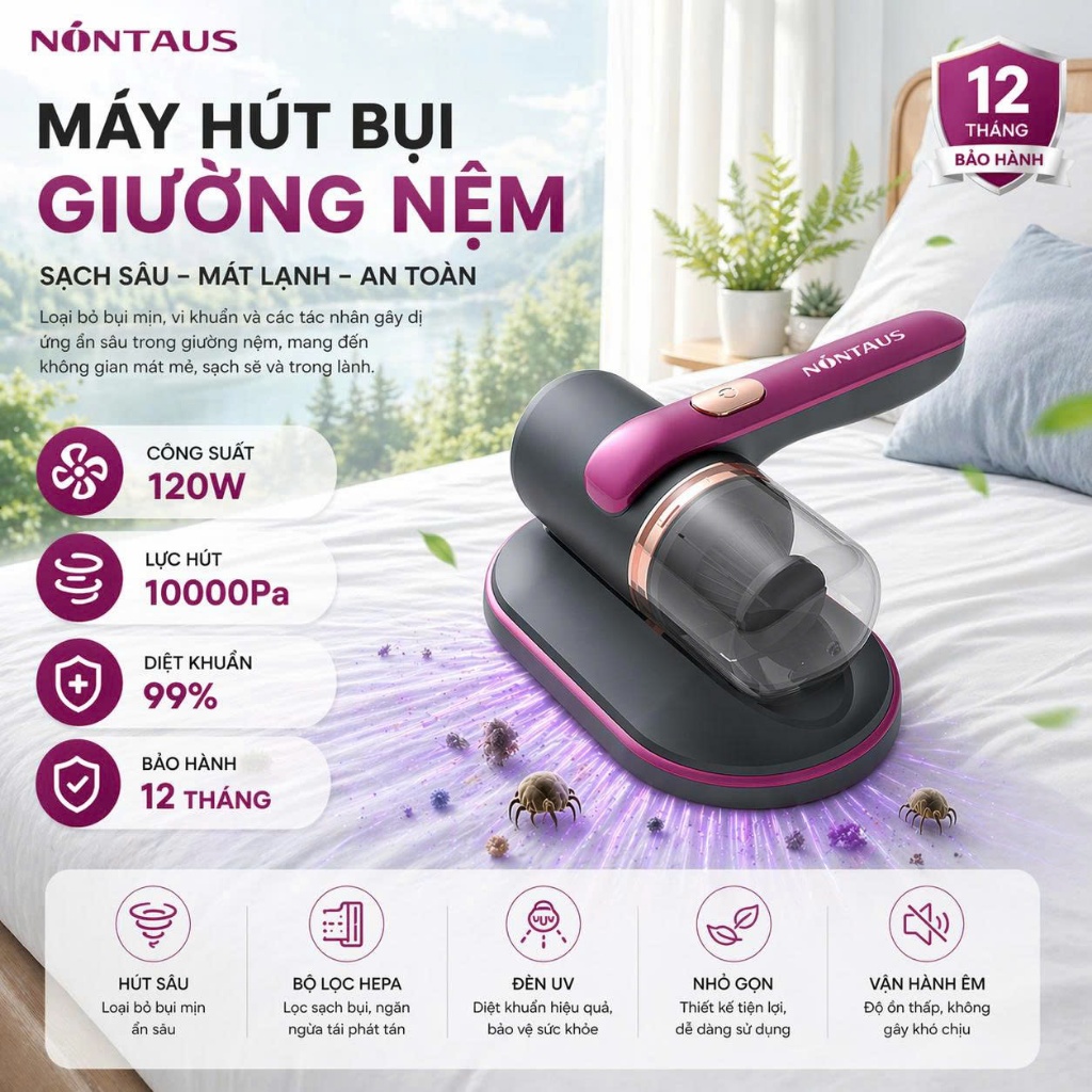 Máy hút bụi giường nệm NONTAUS, Máy hút bụi cầm tay đa năng có tia UV diệt…