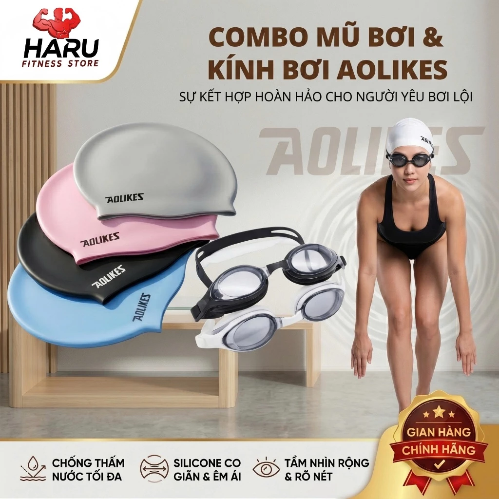 Combo Mũ Bơi & Kính Bơi Aolikes Haru Fitness HR89 - Chống Nước Chống Silicone Cao Cấp, Dụng Cụ Bơi