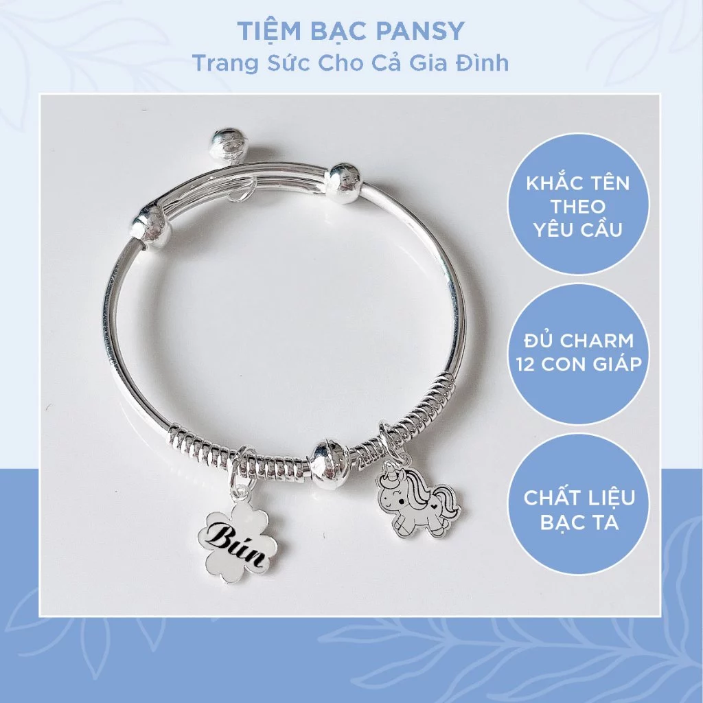 Vòng bạc ta cho bé khắc tên, bi trượt điều chỉnh kích cỡ - Vòng lắc bạc trẻ em chuẩn đẹp PANSY