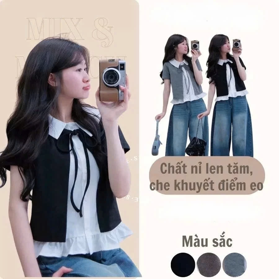 Áo Sơ Mi Cardigan Nỉ Hè Cộc Tay Phối Cổ Bèo Buộc Nơ Thanh Lịch