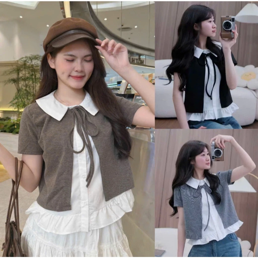 Áo sơ mi bèo buộc nơ 3 màu,áo kiểu phối cổ sơ mi phối cardigan mẫu mới trẻ trung,tiểu thư