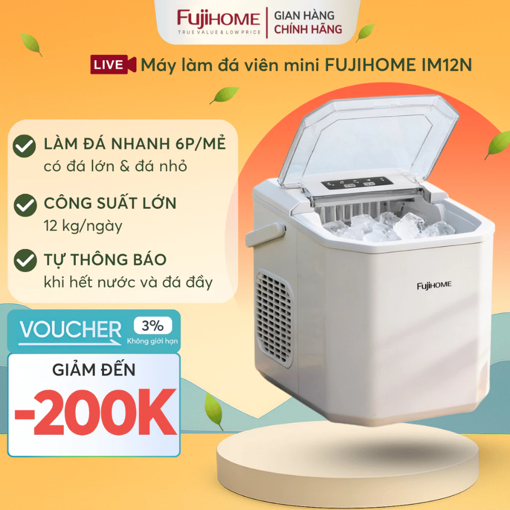 Máy làm đá viên mini gia đình nhỏ gọn Nhập Khẩu FUJIHOME IM12N, máy làm đá lạnh nhanh tròn cafe