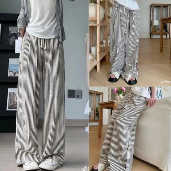 Quần Dài Cạp Cao Ống Rộng Phối Sọc Kẻ Chát Cotton Xịn Mát Mẻ Thám Hút Mồ Hôi Mặc Đi Chơi Đi Làm Siêu Đẹp