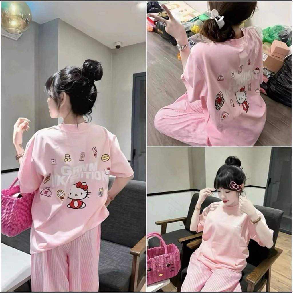 Áo phông hoạ tiết mèo tư Kitty váy đỏ phối chữ GRWM HK EDITION dễ thương đáng yêu cute form rộng