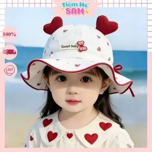 Mũ Bèo Công Chúa Họa Tiết Trái Tim Mix Nơ Có Quai Điều Chỉnh Cho Bé Gái 1-3 Tuổi - Tiệm Mẹ Sam97 - MUG53