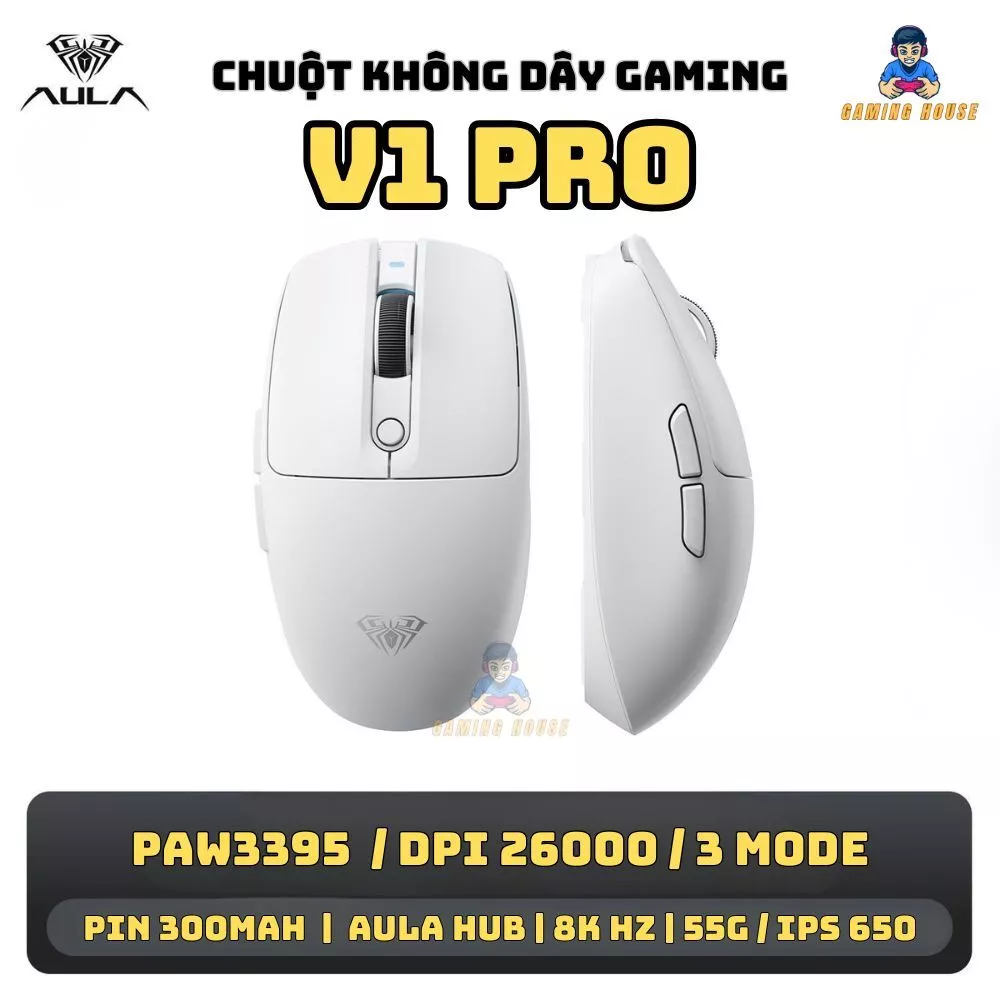 Chuột gaming không dây Aula V1 Pro - 3 mode kết nối - DPI 26000 - Pin 300mah - Poling Rate 8K - IPS 650 - Siêu nhẹ