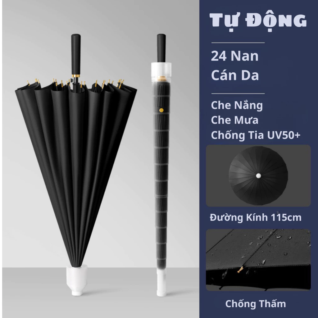 Ô Dù Tự Động Cỡ Lớn AHA Loại 24 Nan Vải Chống Thấm Đi Mưa, Ô Dù Che Mưa Che Nắng, Đường Kính 115cm