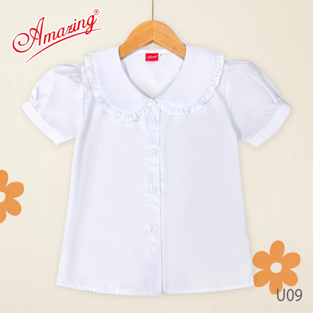 Áo trắng cổ lá sen cao cấp cho bé gái đến trường, tay phồng, tay suông, size lớn đến 65kg, Amazing