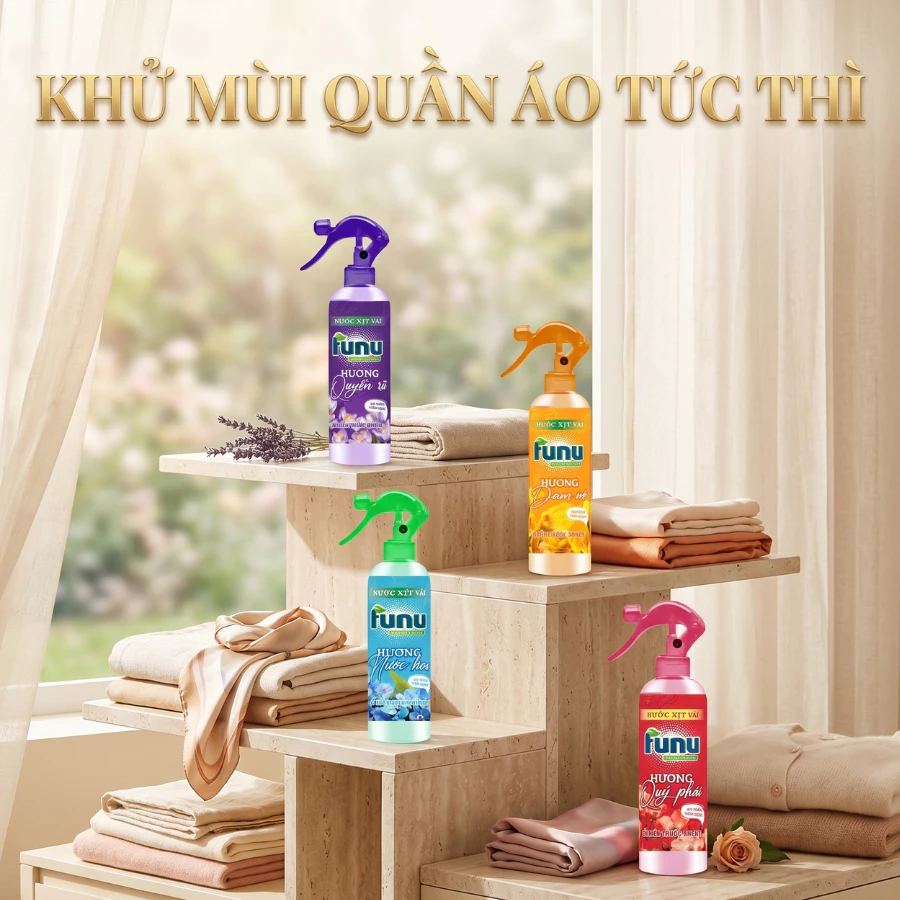 Combo 4 Xịt Thơm Quần Áo Funu –  Hỗ Trợ Khử Mùi Hôi, Làm Mềm Vải Tức Thì, Tiện Lợi Mang Theo