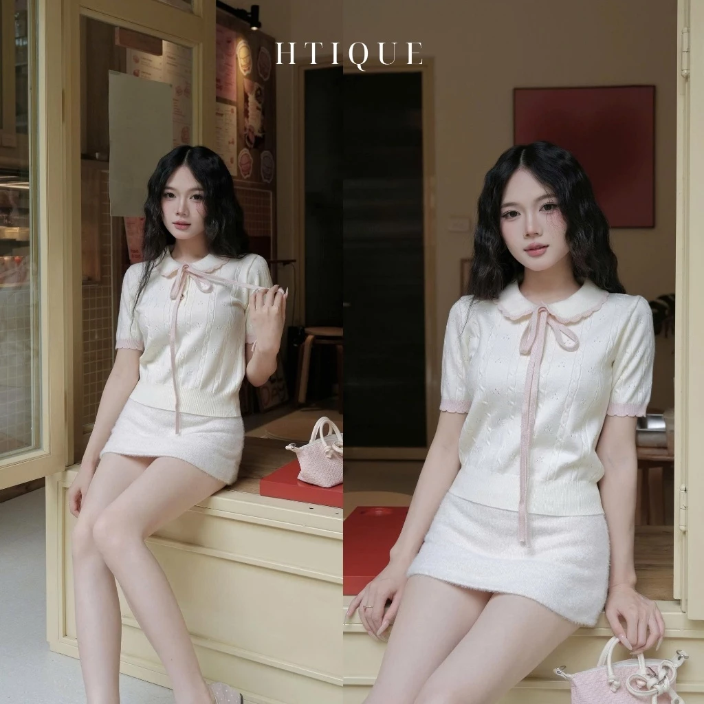 COLLECTION MUSE - HTIQUE mở bán Áo len dệt kim cổ sen kèm dây nơ hồng, Áo len dệt kim đục lỗ thoáng khí AP03