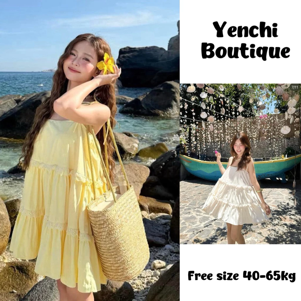 Váy 2 Dây Buộc Nơ Mặc Đi Biển  . Đầm đũi 3 tầng , babydoll bánh bèo tiểu thư Ulzzang
