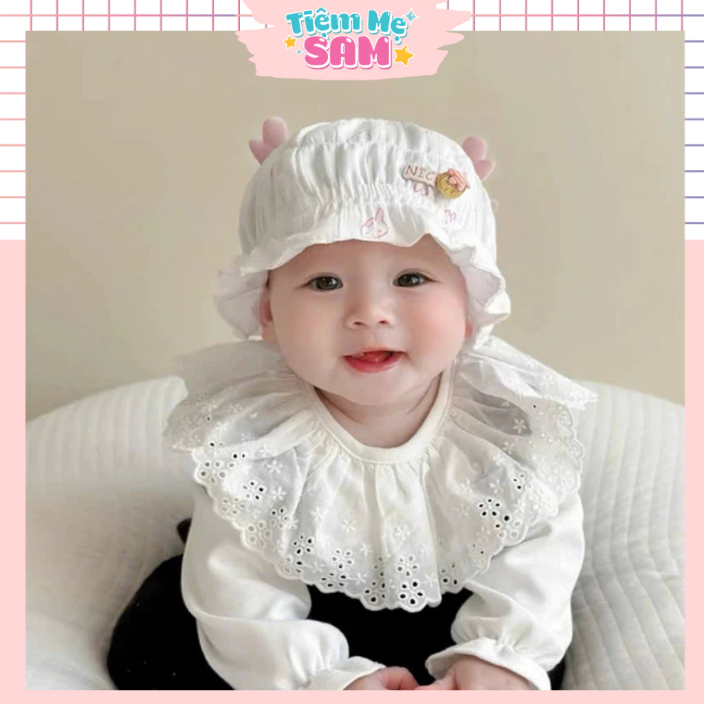 Mũ sơ sinh cho bé gái 0-3 tháng, vải xô mềm lót cotton, mũ tai bèo cho bé chun điều chỉnh cho bé sơ sinh (MUG37)