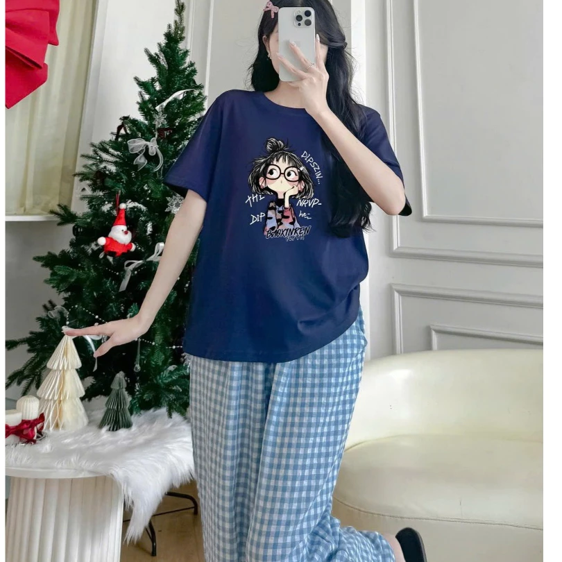 [RẺ VÔ ĐỊCH] Sét đồ mặc nhà, mặc đi chơi trẻ trung, sét áo cotton ngắn tay, quần dài kẻ caro dáng Baggy, sét đồ dài nữ