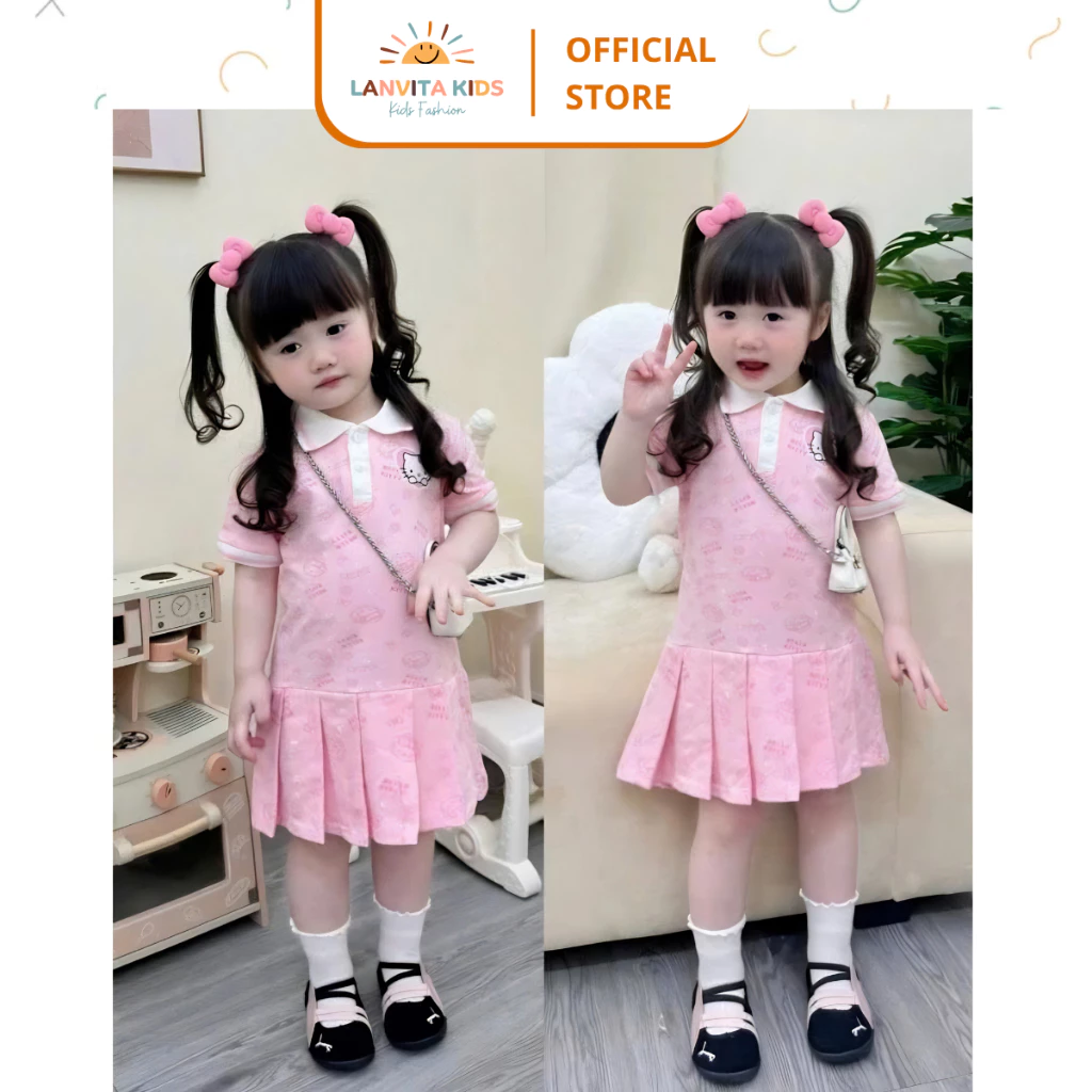 Váy cho bé gái phối cổ polo màu hồng, chân váy xếp ly cho bé mặc đi chơi từ 9-35kg | LANVITA KIDS