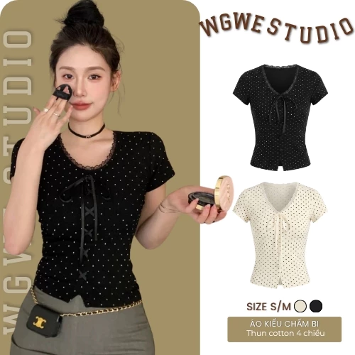 WGWE Studio Áo Kiểu Nữ Cổ V Chấm Bi Dáng Ôm Hàn Quốc Hot Trend Tôn Dáng 10669