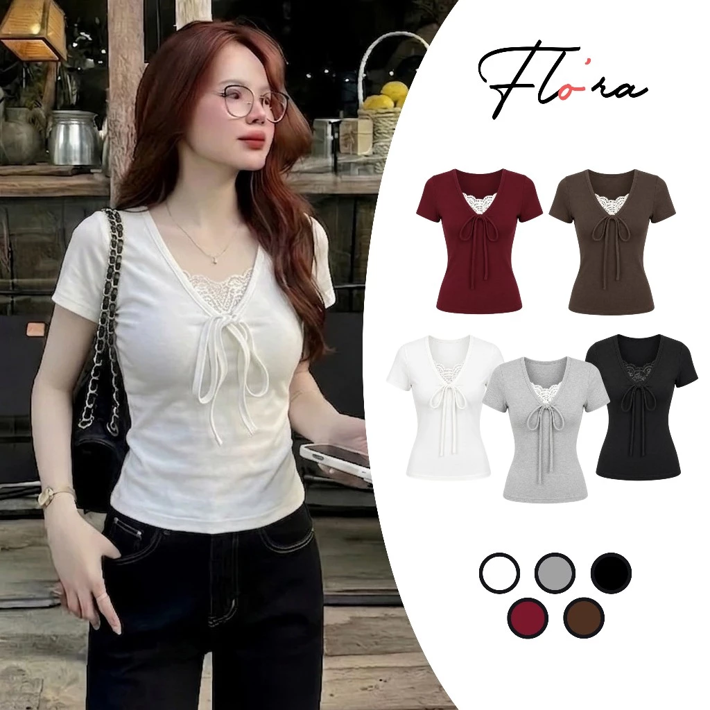 [MỞ BÁN] Áo Thun Nữ Ôm Body CỔ V PHỐI REN Thun Borip Lụa DD75, Áo Nữ Thắt Nơ Mềm Mát, Co Giãn Flo'ra