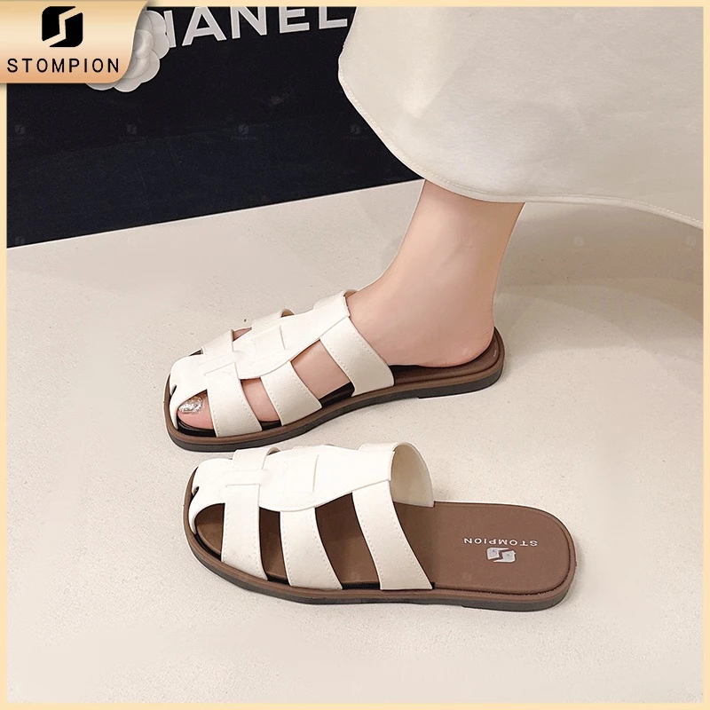 STOMPION Dép xỏ ngón màu trắng với dây chéo, đế bệt Đơn giản, thư giãn, phù hợp mặc ngoài Dễ phối đồ