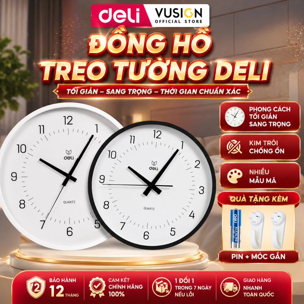Đồng Hồ Treo Tường Kim Trôi Deli Không Ồn Minimalist Tối Giản Quà Tặng Tân Gia Trang Trí Nhà Cửa