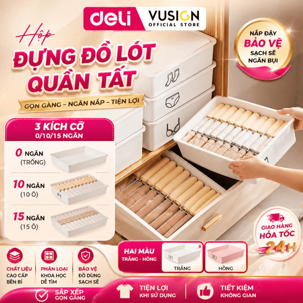 Hộp Đựng Đồ Lót Nhựa Chia Ngăn Siêu Dày DELI Có Khay Có Nắp Đa Năng Đựng Đồ Lót Tất Vớ Tiện Lợi
