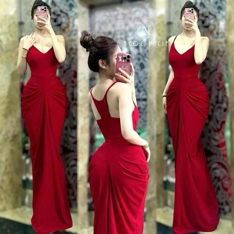 D1088 - Đầm Body 2 Dây Cách Điệu Lưng Nhún 2 Bên Hông Tôn Dáng - Ngọc Lucie Nữ Dress Women Đen Women