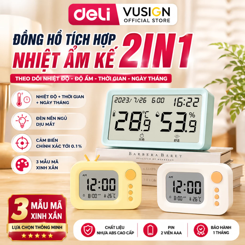 [TẶNG PIN] Nhiệt Ẩm Kế Deli Tích Hợp Đồng Hồ Báo Thức Đo Nhiệt Độ, Độ Ẩm Phòng Chuẩn Cho Bé